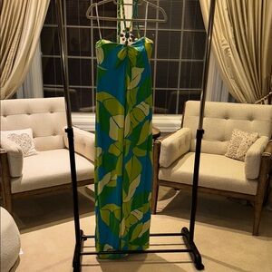 Lilly Pulitzer Blue and Green Leaf Print Dress with Jewel Accent